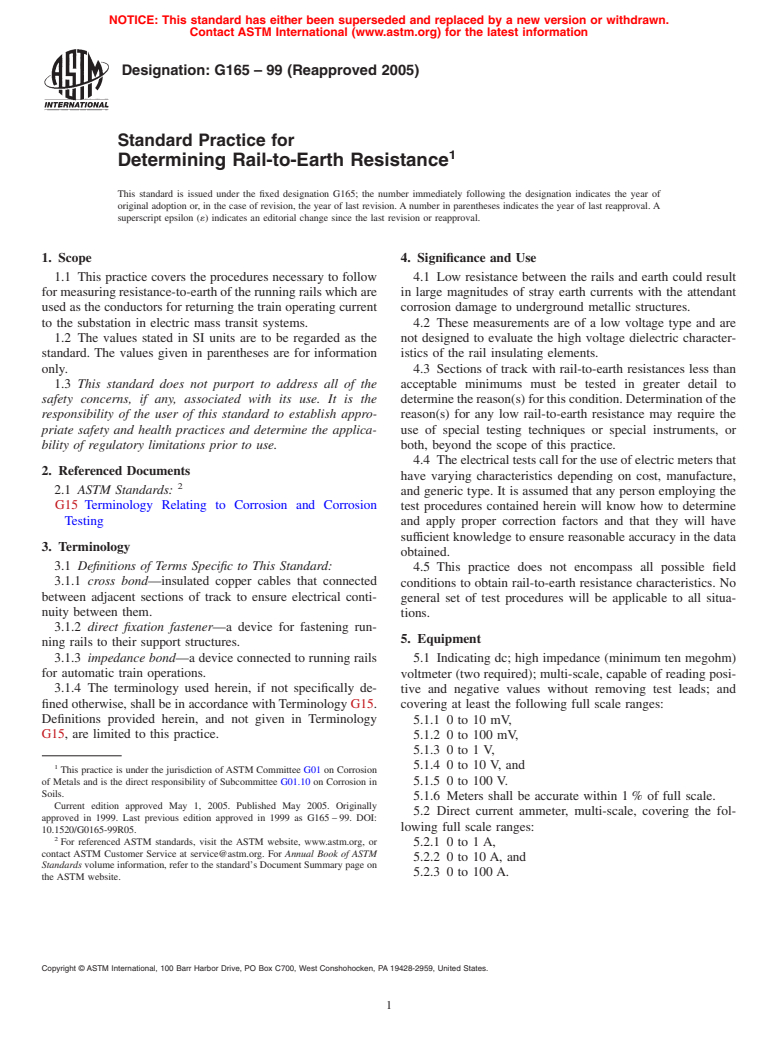 ASTM G165-99(2005) - Standard Practice for Determining Rail-to-Earth Resistance
