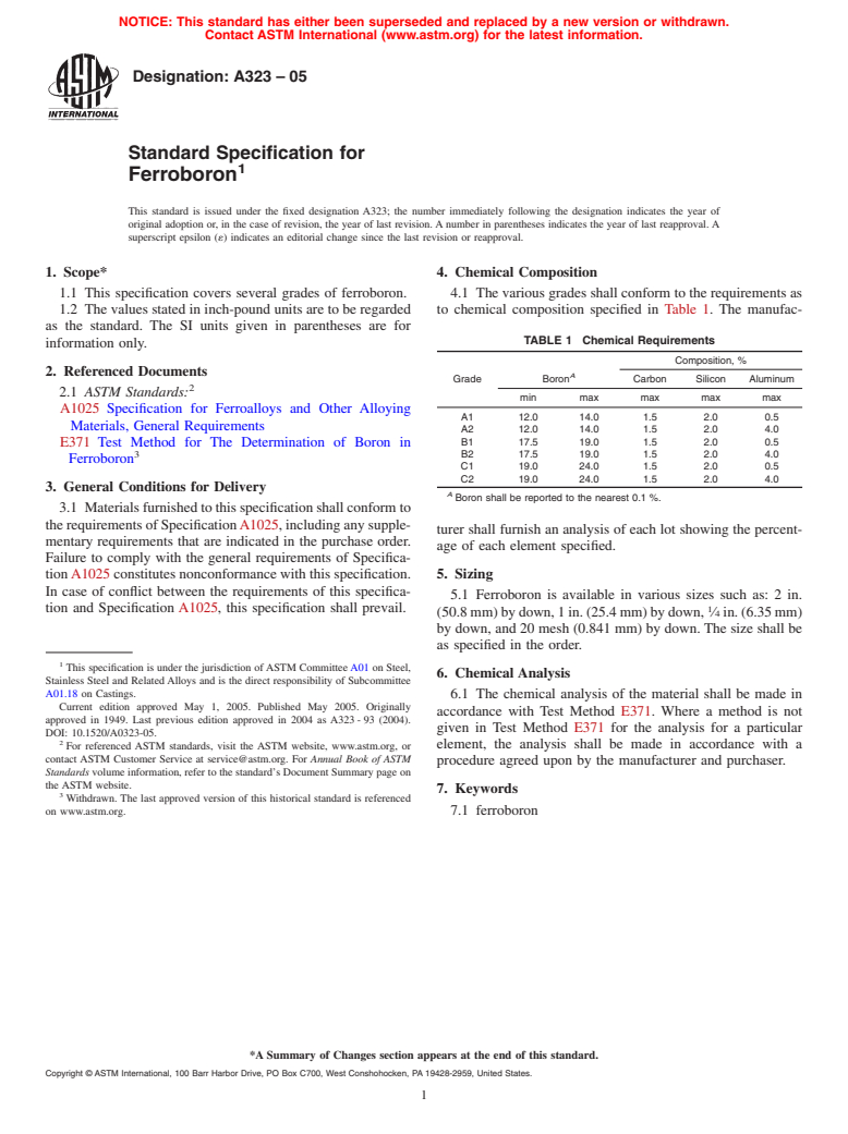 ASTM A323-05 - Standard Specification for Ferroboron