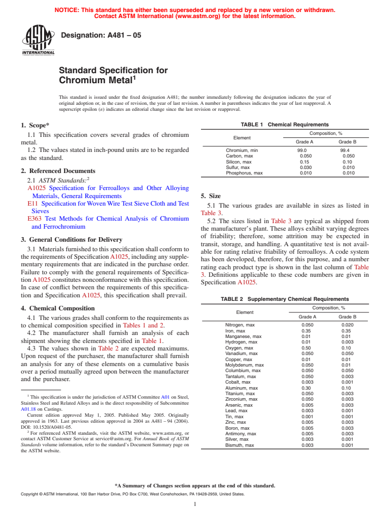 ASTM A481-05 - Standard Specification for Chromium Metal