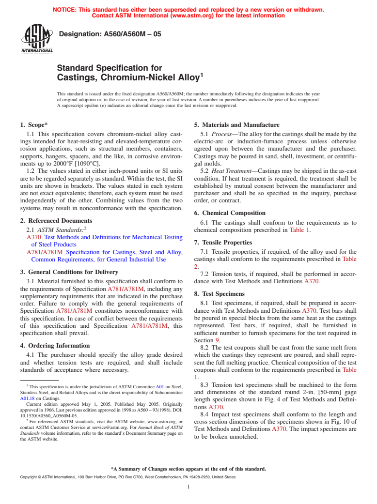 ASTM A560/A560M-05 - Standard Specification for Castings, Chromium-Nickel Alloy