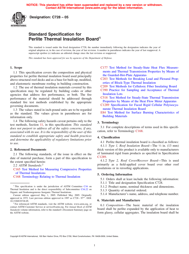 ASTM C728-05 - Standard Specification for Perlite Thermal Insulation Board