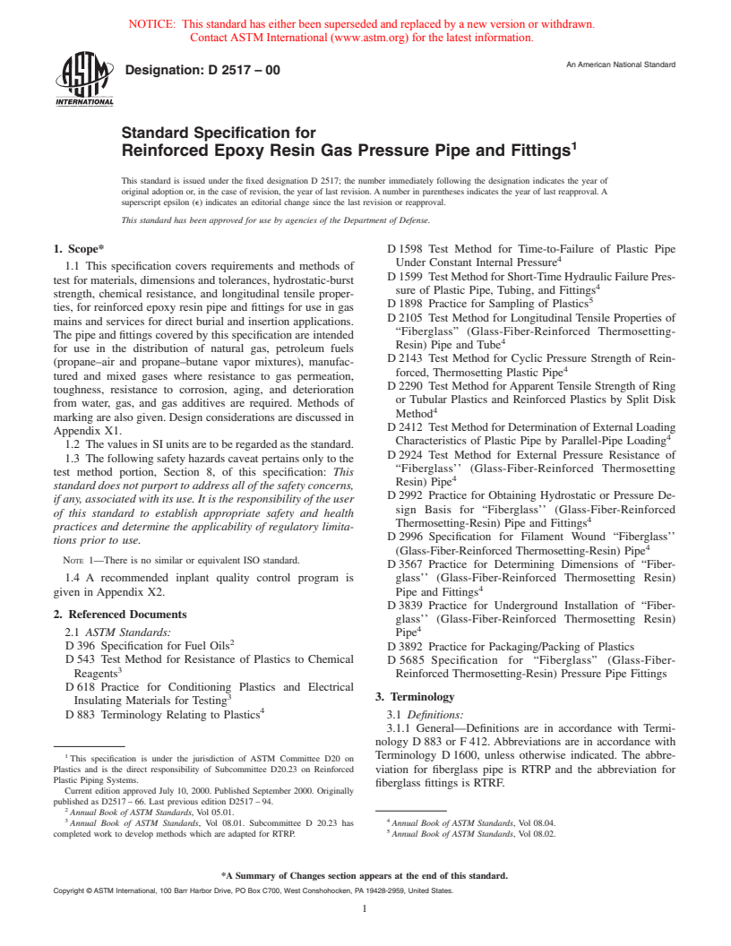 ASTM D2517-00 - Standard Specification for Reinforced Epoxy Resin Gas Pressure Pipe and Fittings