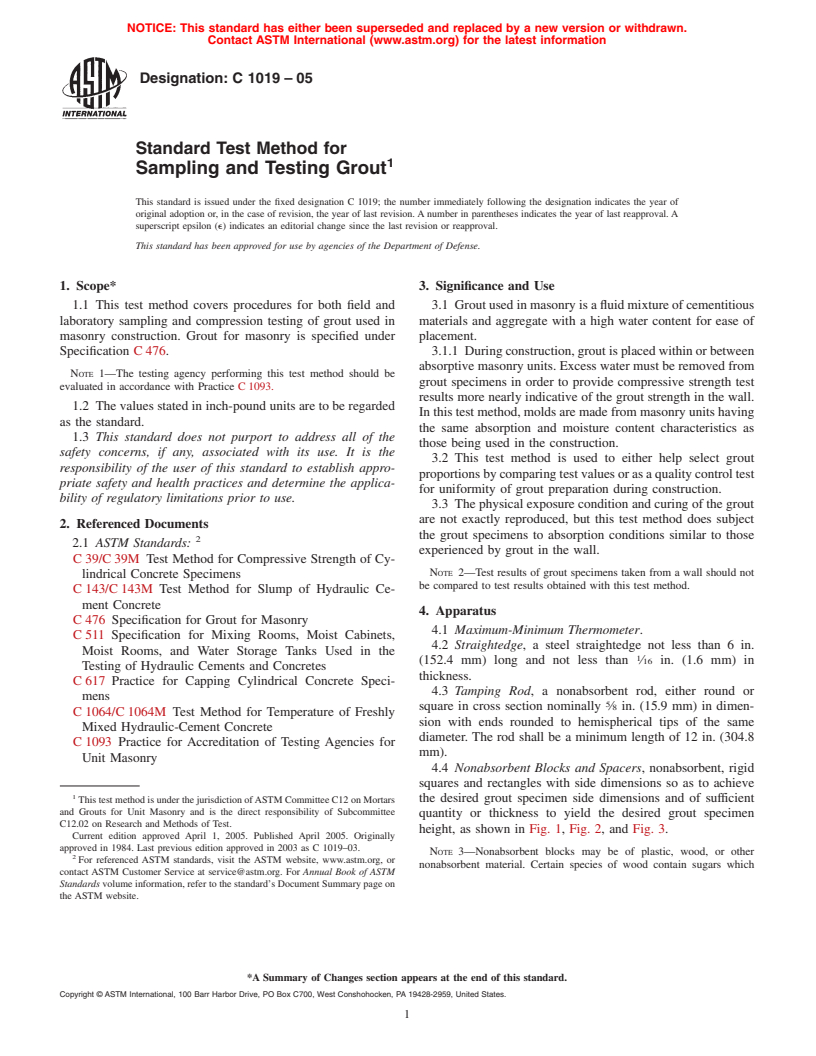 ASTM C1019-05 - Standard Test Method for Sampling and Testing Grout