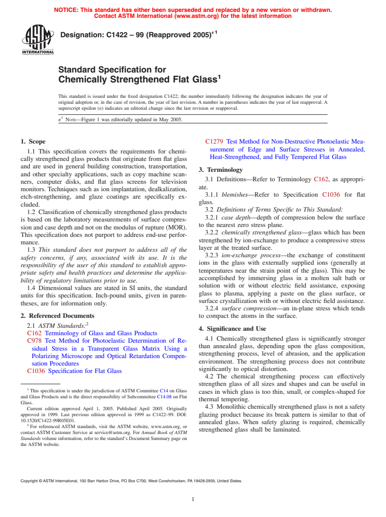 ASTM C1422-99(2005)e1 - Standard Specification for Chemically Strengthened Flat Glass