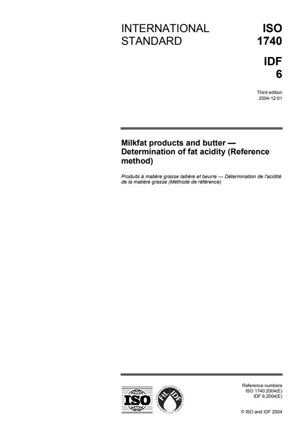 ISO 1740:2004 - Milkfat products and butter -- Determination of fat acidity (Reference method)