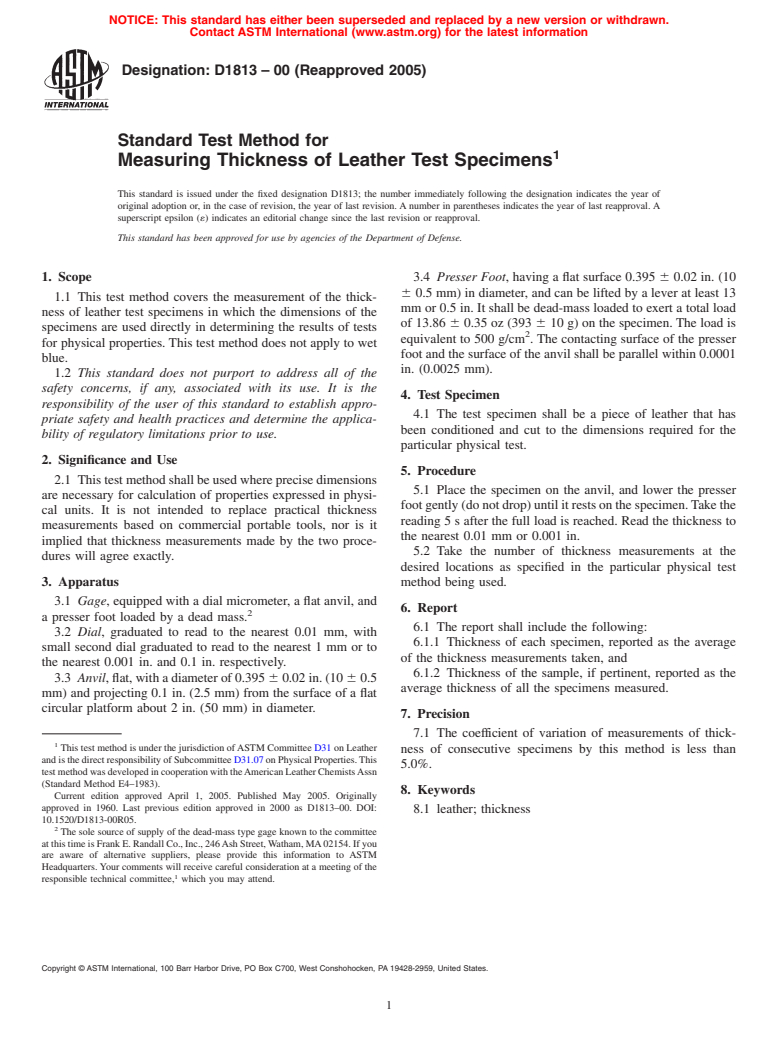 ASTM D1813-00(2005) - Standard Test Method for Measuring Thickness of Leather Test Specimens
