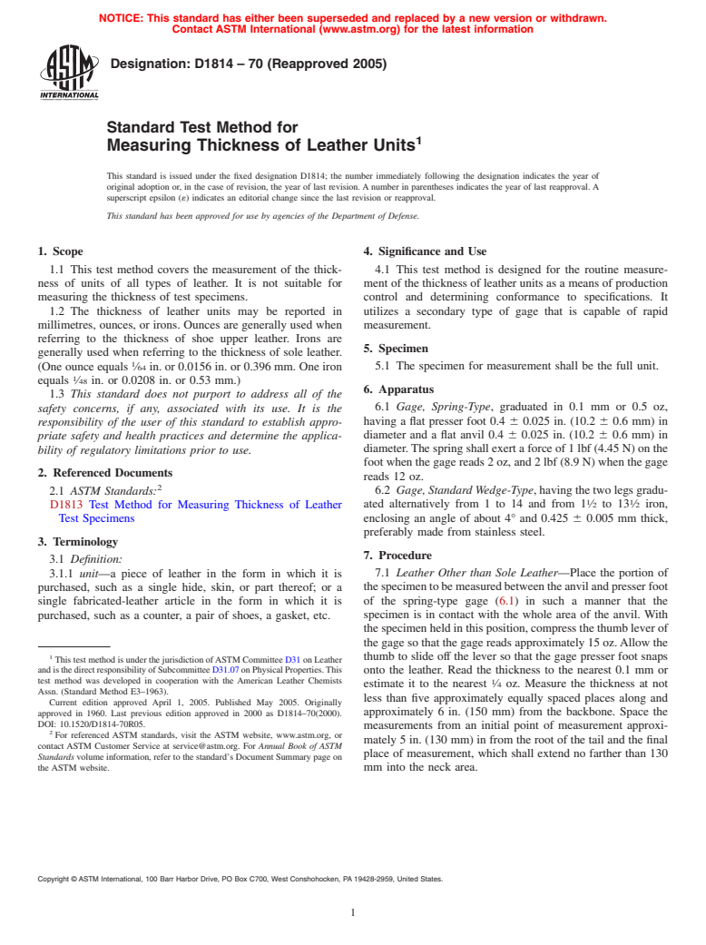 ASTM D1814-70(2005) - Standard Test Method for Measuring Thickness of Leather Units