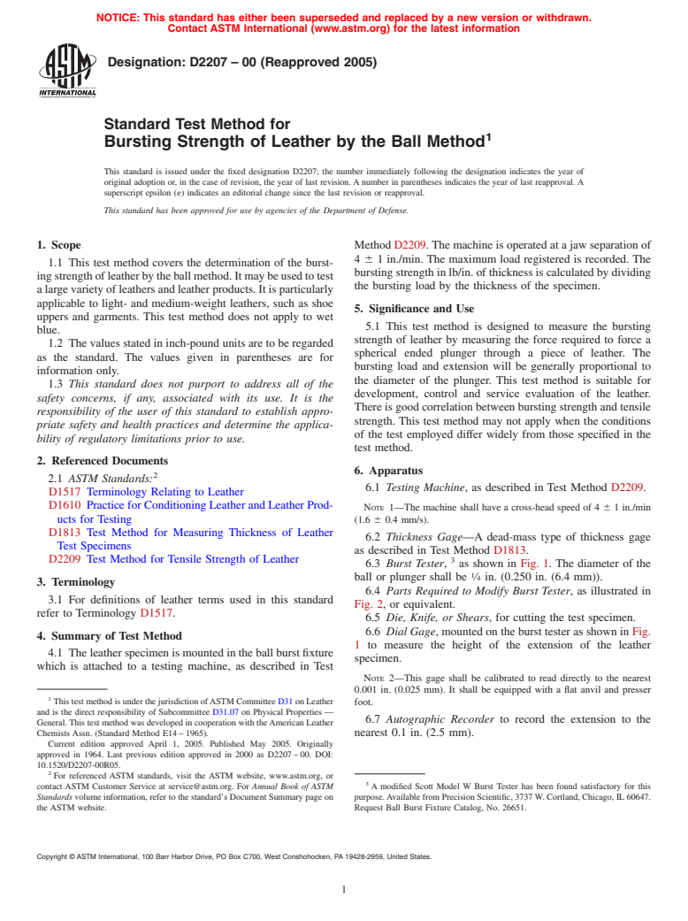 ASTM D2207-00(2005) - Standard Test Method for Bursting Strength of Leather by the Ball Method