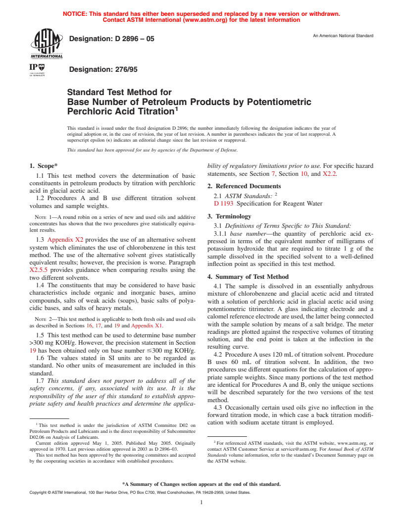 ASTM D2896-05 - Standard Test Method for Base Number of Petroleum Products by Potentiometric Perchloric Acid Titration