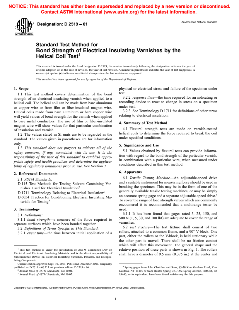 ASTM D2519-01 - Standard Test Method for Bond Strength of Electrical Insulating Varnishes by the Helical Coil Test