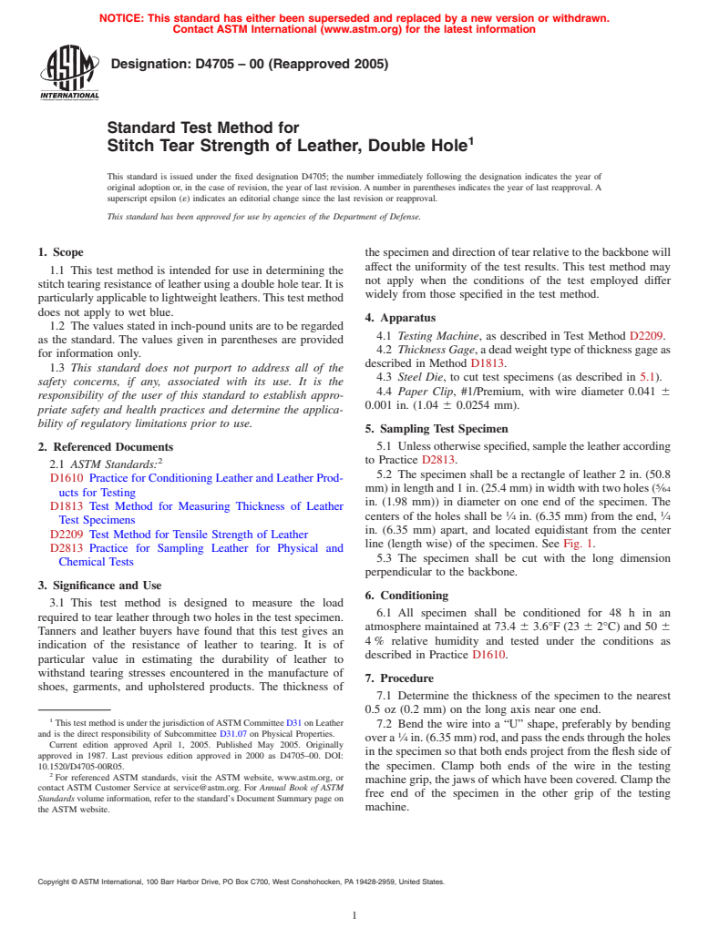 ASTM D4705-00(2005) - Standard Test Method for Stitch Tear Strength of Leather, Double Hole