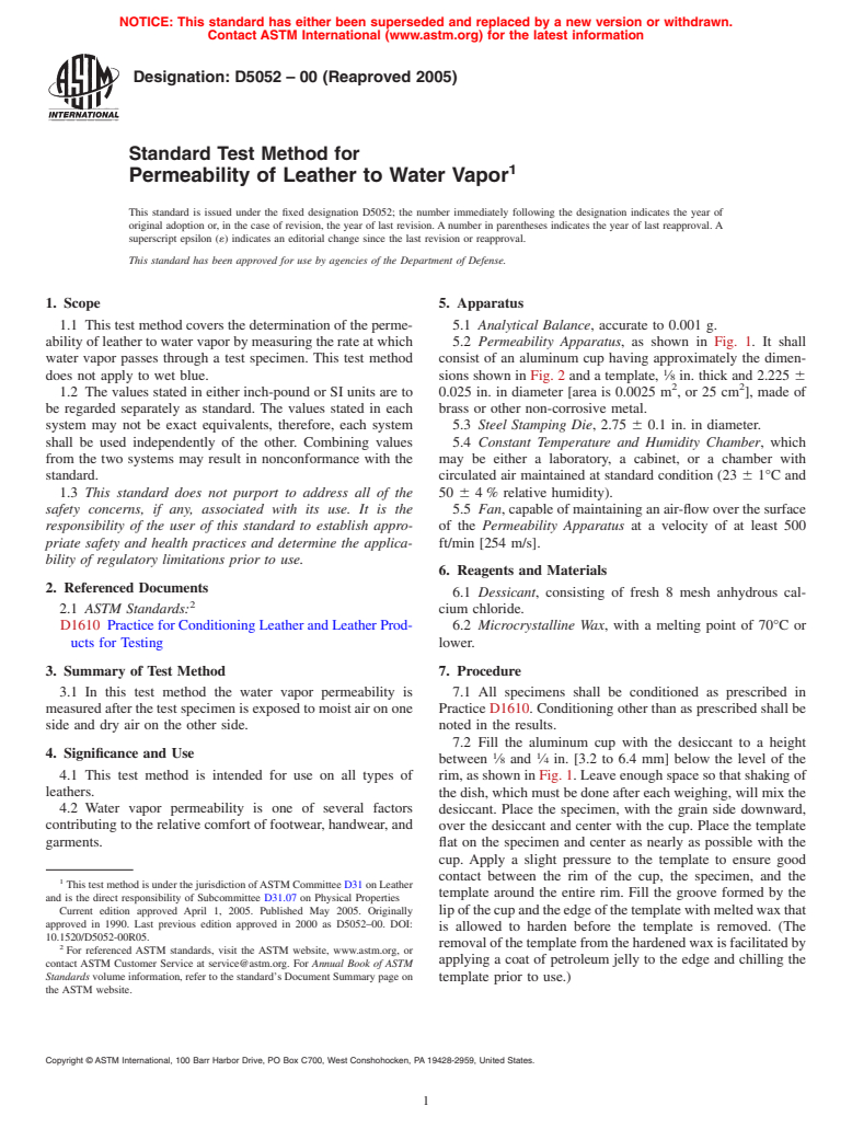 ASTM D5052-00(2005) - Standard Test Method for Permeability of Leather to Water Vapor