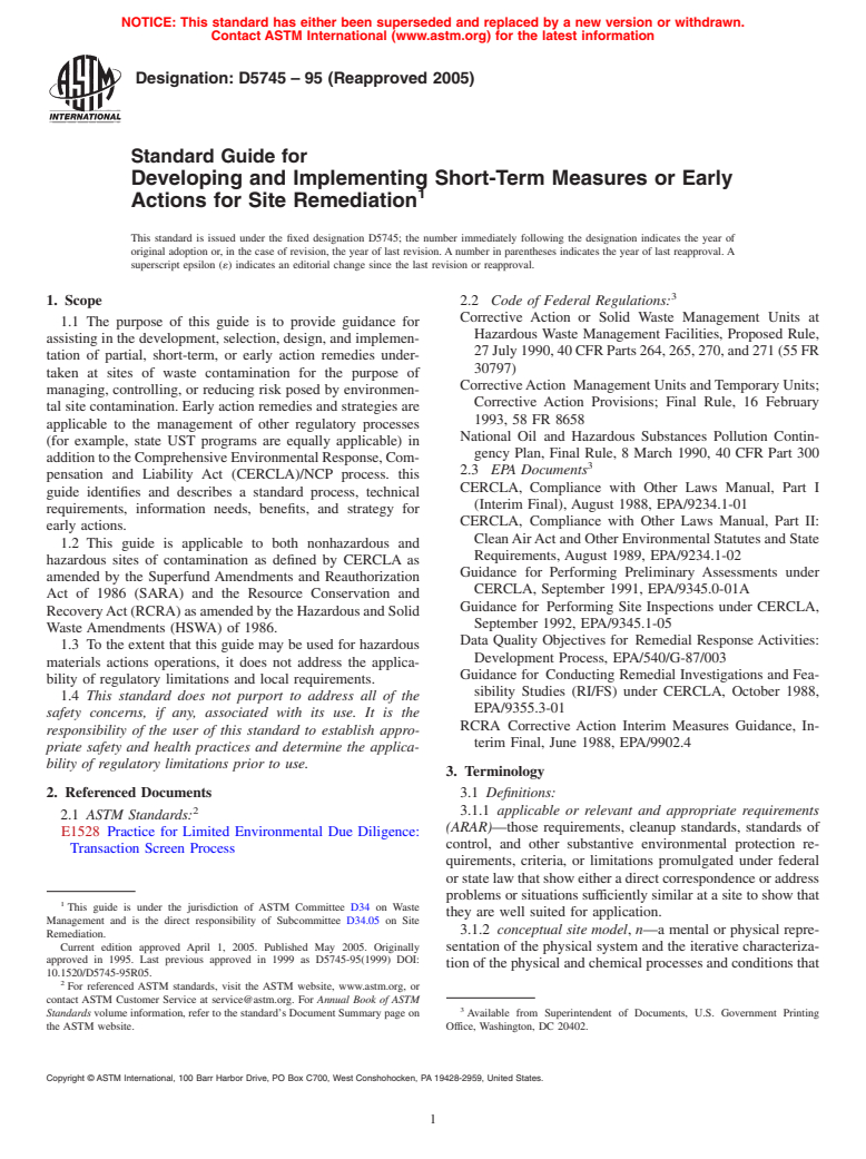 ASTM D5745-95(2005) - Standard Guide for Developing and Implementing Short-Term Measures or Early Actions for Site Remediation