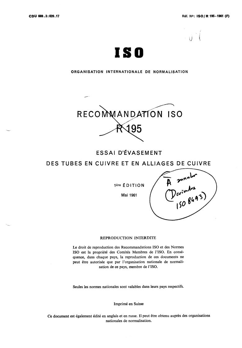 ISO/R 195:1961 - Drift expanding test on copper and copper alloy tubes
Released:5/1/1961