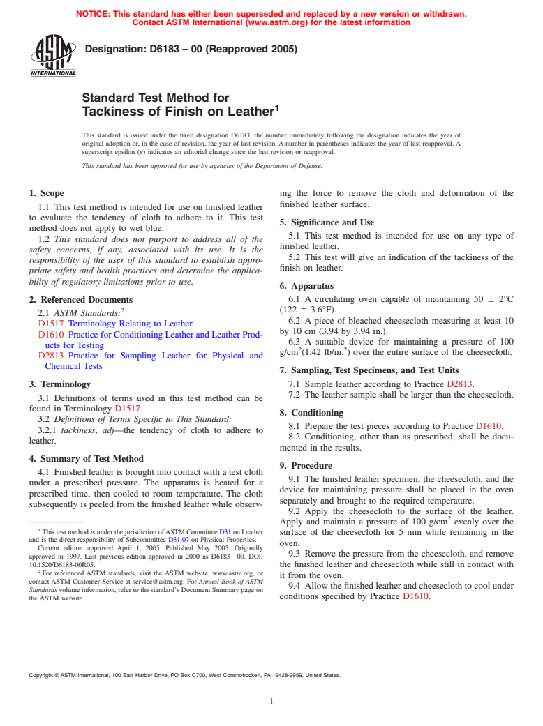 ASTM D6183-00(2005) - Standard Test Method for Tackiness of Finish on Leather