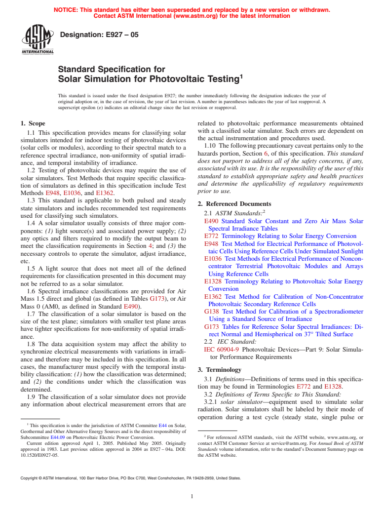 ASTM E927-05 - Standard Specification for Solar Simulation for Terrestrial Photovoltaic Testing