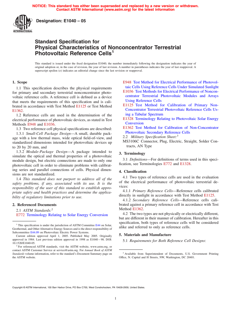 ASTM E1040-05 - Standard Specification for Physical Characteristics of Nonconcentrator Terrestrial Photovoltaic Reference Cells