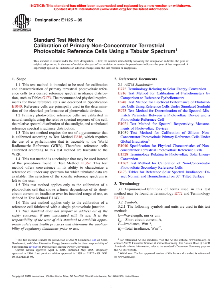 ASTM E1125-05 - Standard Test Method for Calibration of Primary Non-Concentrator Terrestrial Photovoltaic Reference Cells Using a Tabular Spectrum