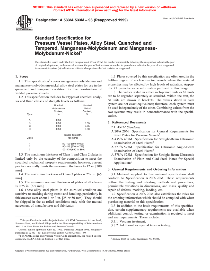 ASTM A533/A533M-93(1999) - Standard Specification for Pressure Vessel Plates, Alloy Steel, Quenched and Tempered, Manganese-Molybdenum and Manganese-Molybdenum-Nickel