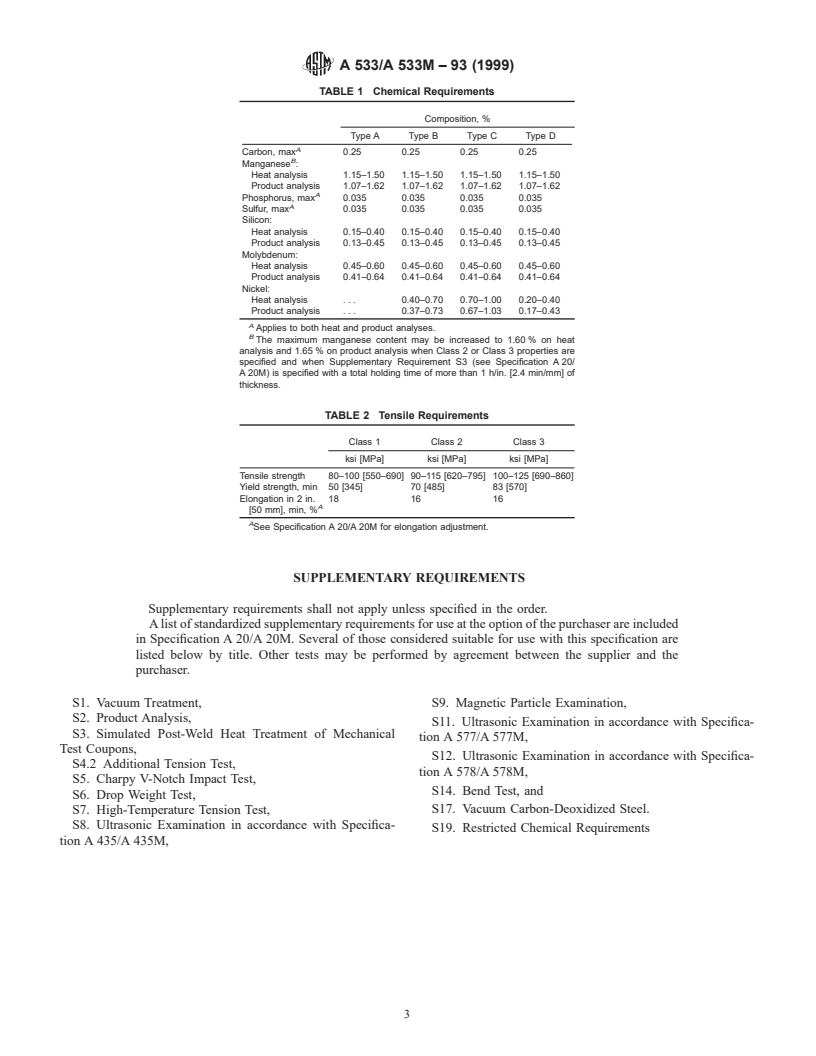 ASTM A533/A533M-93(1999) - Standard Specification for Pressure Vessel Plates, Alloy Steel, Quenched and Tempered, Manganese-Molybdenum and Manganese-Molybdenum-Nickel