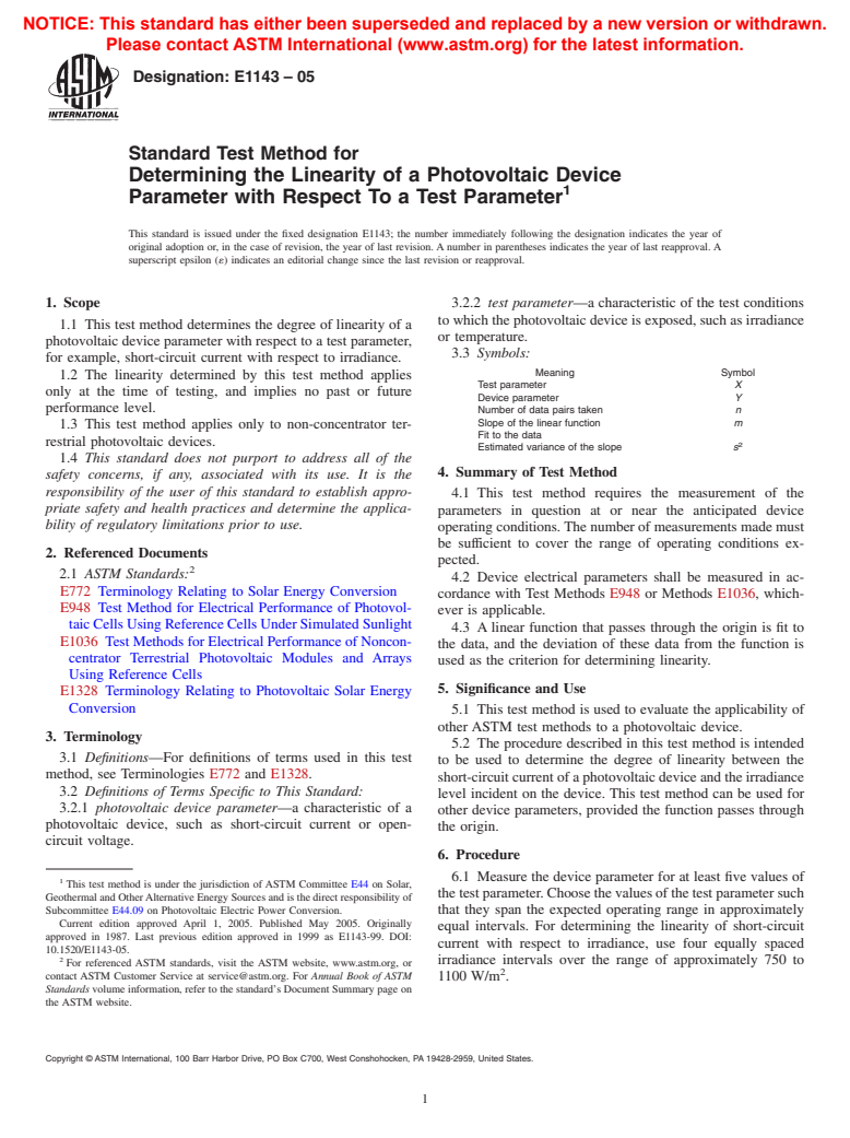 ASTM E1143-05 - Standard Test Method for Determining the Linearity of a Photovoltaic Device Parameter with Respect To a Test Parameter
