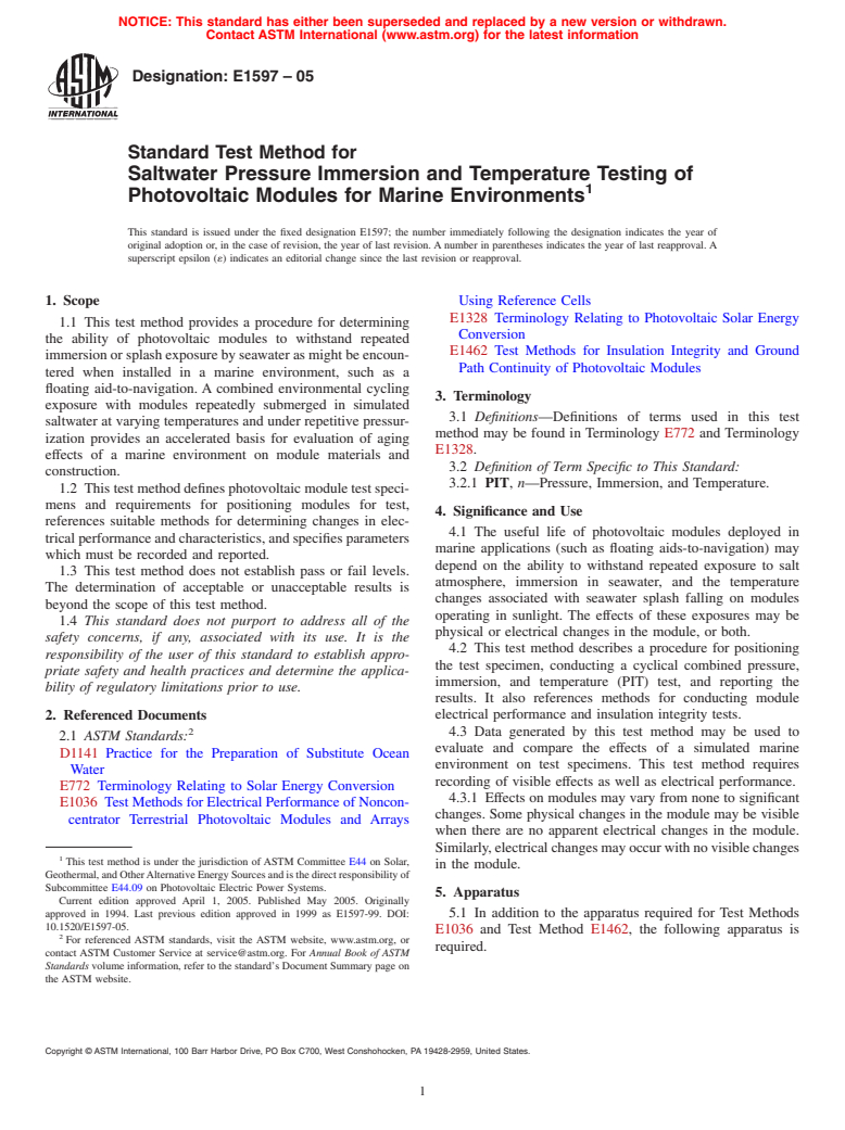 ASTM E1597-05 - Standard Test Method for Saltwater Pressure Immersion and Temperature Testing of Photovoltaic Modules for Marine Environments