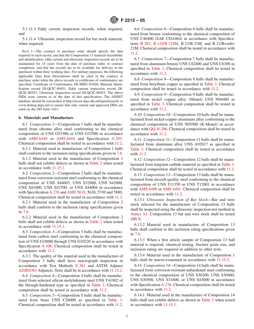 ASTM F2215-05 - Standard Specification for Balls, Bearings, Ferrous and Nonferrous for Use in Bearings, Valves, and Bearing Applications