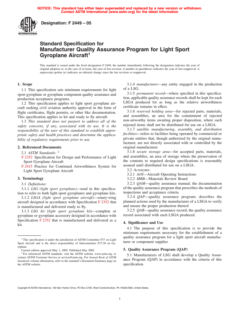 ASTM F2449-05 - Standard Specification for Manufacturer Quality Assurance Program for Light Sport Gyroplane Aircraft