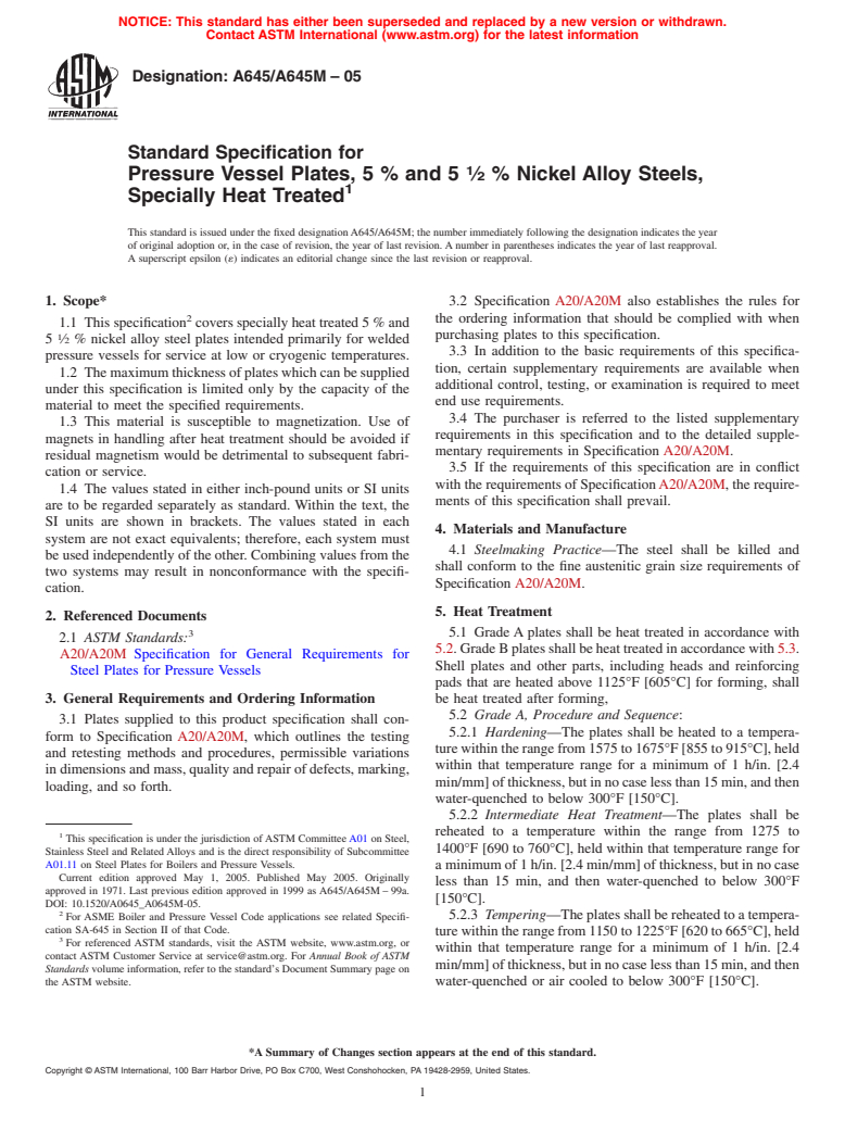 ASTM A645/A645M-05 - Standard Specification for Pressure Vessel Plates, Five Percent Nickel Alloy Steel, Specially Heat Treated