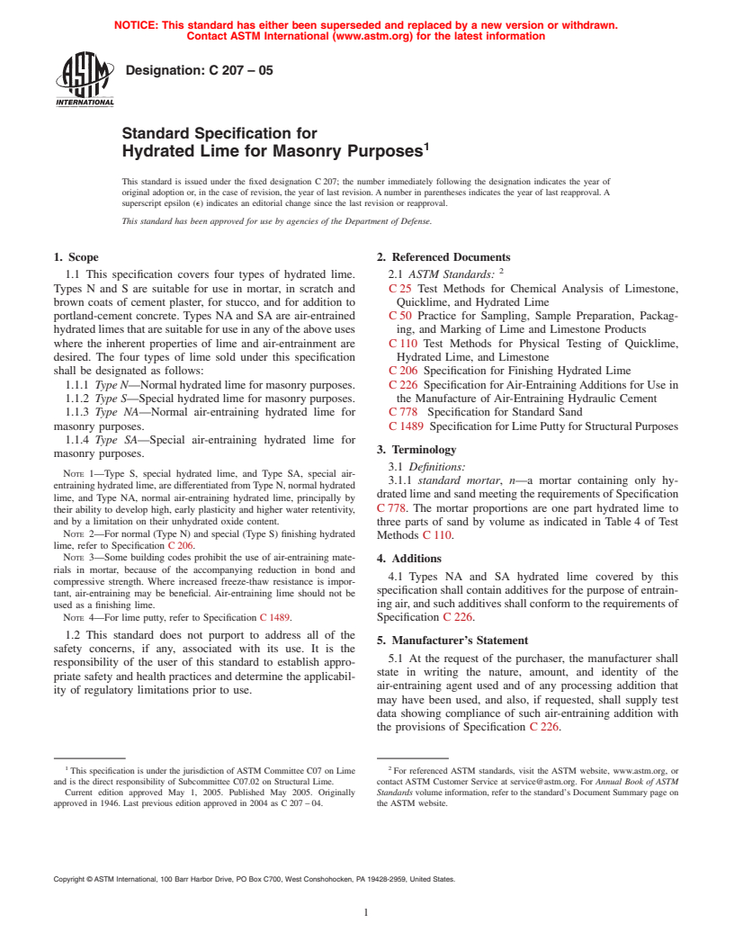 ASTM C207-05 - Standard Specification for Hydrated Lime for Masonry Purposes