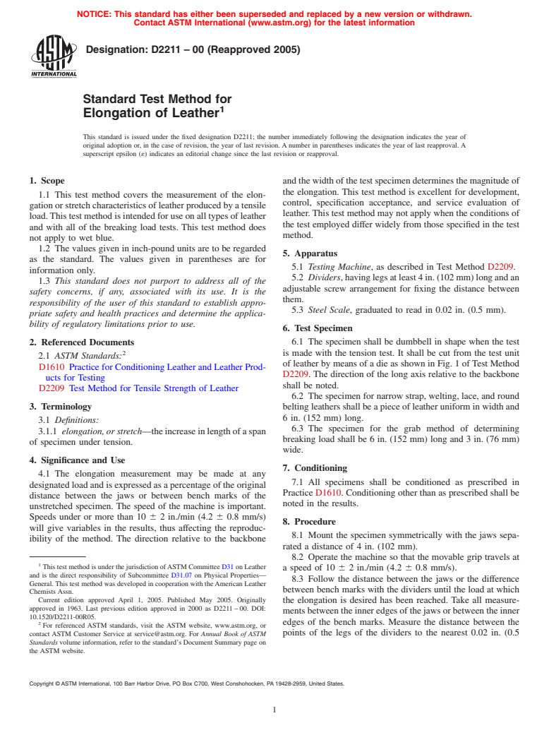 ASTM D2211-00(2005) - Standard Test Method for Elongation of Leather
