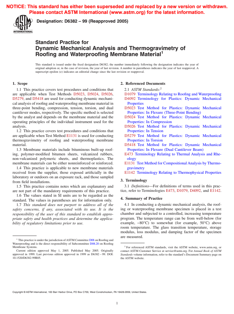 ASTM D6382-99(2005) - Standard Practice for Dynamic Mechanical Analysis and Thermogravimetry of Roofing and Waterproofing Membrane Material