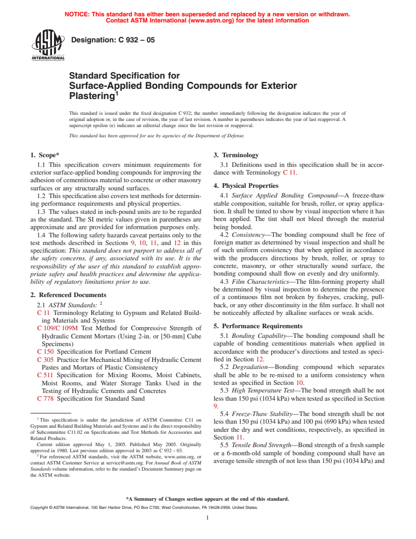 ASTM C932-05 - Standard Specification for Surface-Applied Bonding Compounds for Exterior Plastering