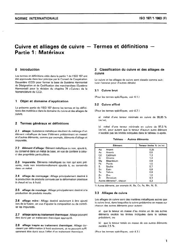 ISO 197-1:1983 - Cuivre et alliages de cuivre -- Termes et définitions