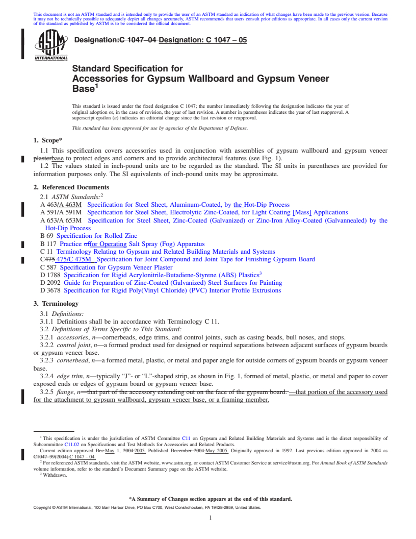 REDLINE ASTM C1047-05 - Standard Specification for Accessories for Gypsum Wallboard and Gypsum Veneer Base