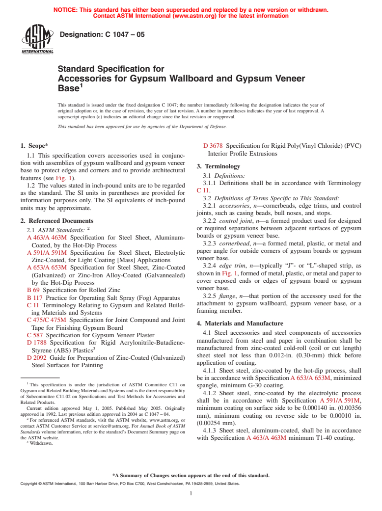 ASTM C1047-05 - Standard Specification for Accessories for Gypsum Wallboard and Gypsum Veneer Base