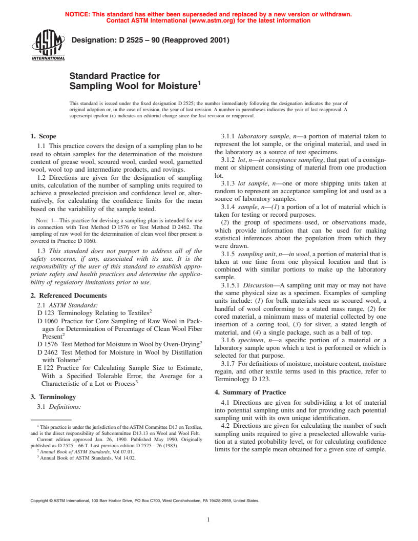 ASTM D2525-90(2001) - Standard Practice for Sampling Wool for Moisture