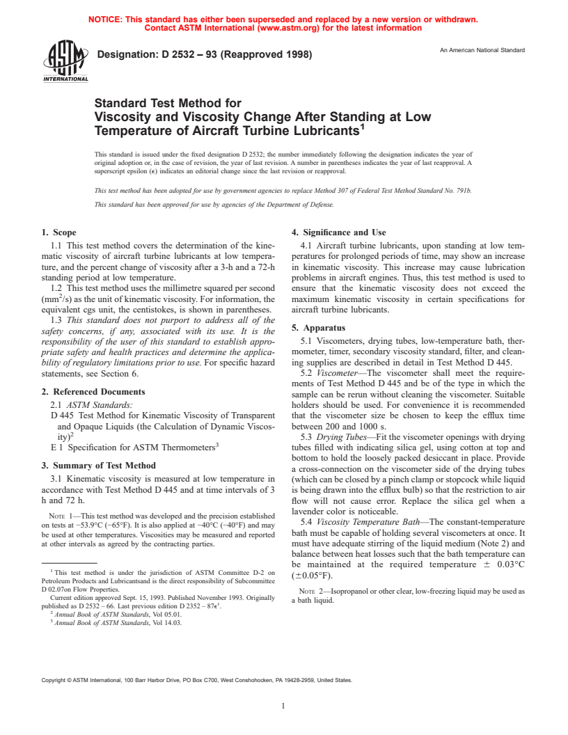 ASTM D2532-93(1998) - Standard Test Method for Viscosity and Viscosity Change After Standing at Low Temperature of Aircraft Turbine Lubricants