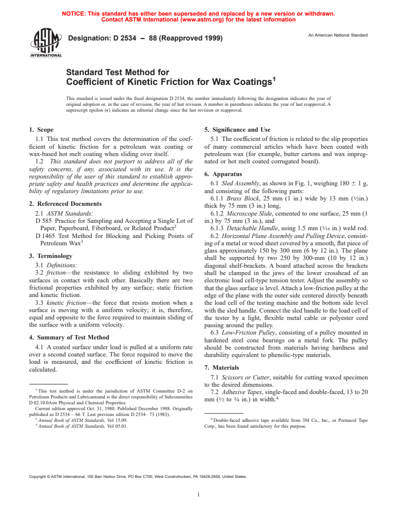 ASTM D2534-88(1999) - Standard Test Method for Coefficient of Kinetic Friction for Wax Coatings