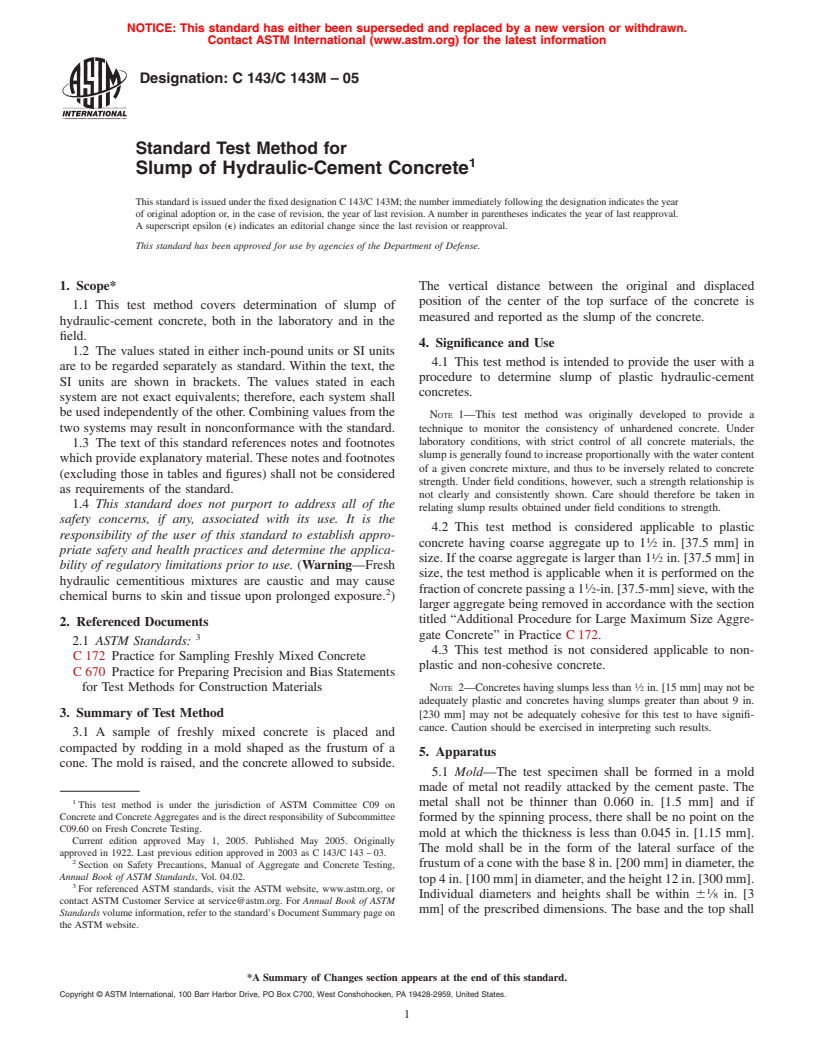 ASTM C143/C143M-05 - Standard Test Method for Slump of Hydraulic Cement Concrete