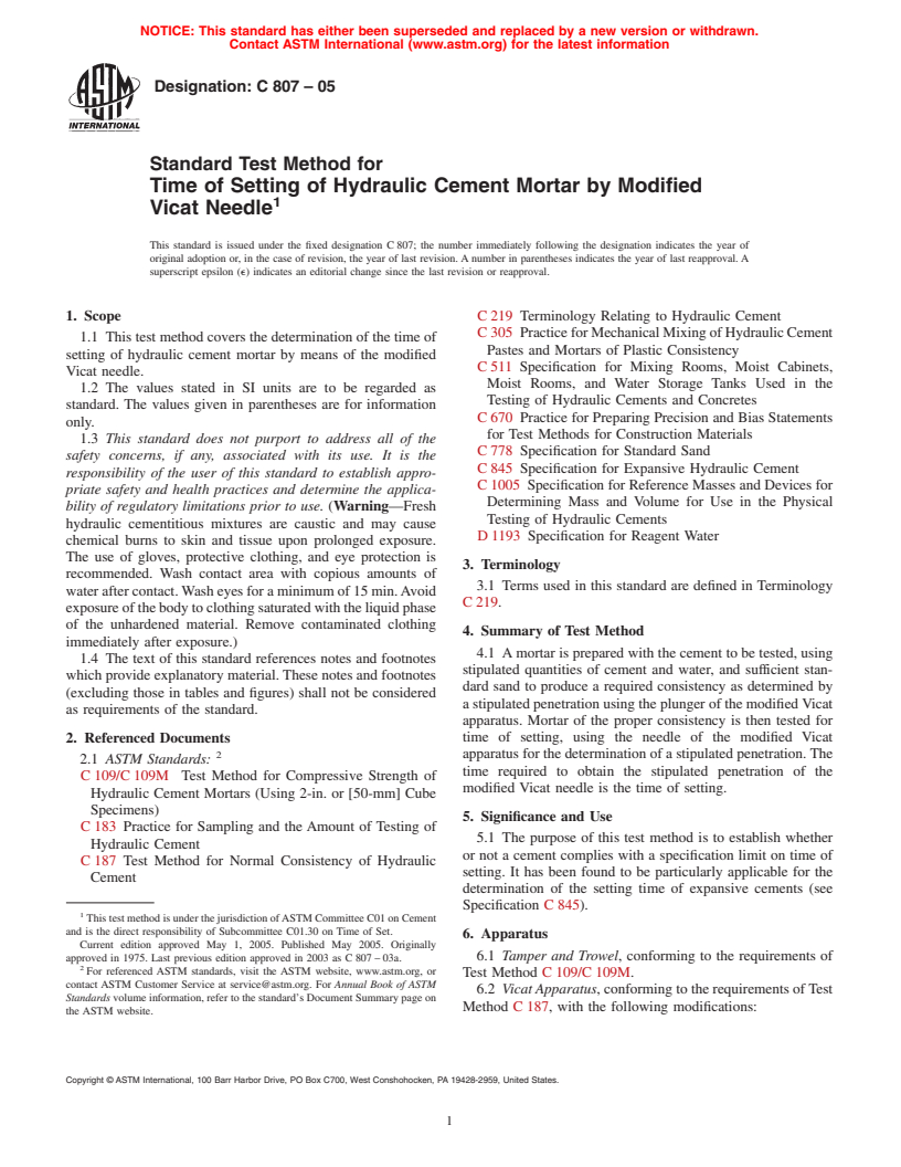 ASTM C807-05 - Standard Test Method for Time of Setting of Hydraulic Cement Mortar by Modified Vicat Needle