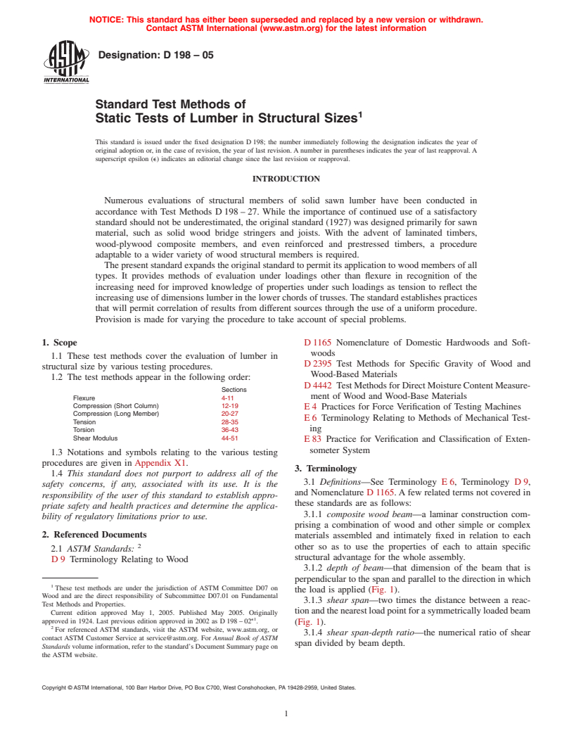 ASTM D198-05 - Standard Test Methods of Static Tests of Lumber in Structural Sizes