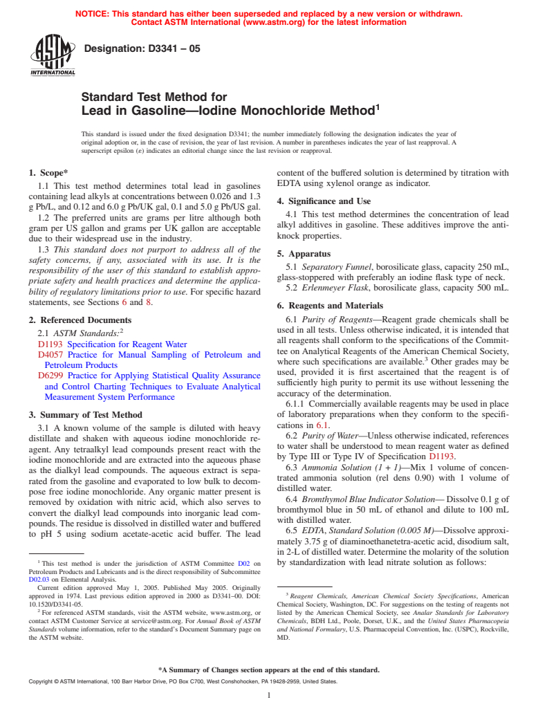 ASTM D3341-05 - Standard Test Method for Lead in Gasoline-Iodine Monochloride Method