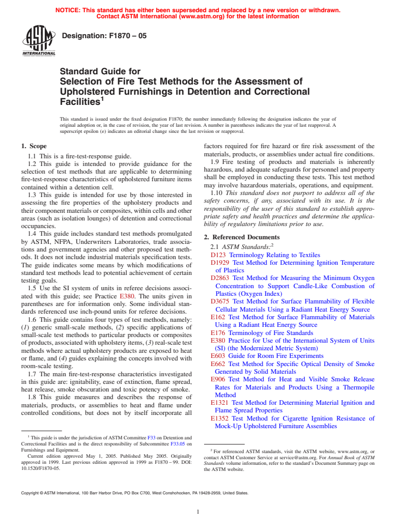 ASTM F1870-05 - Standard Guide for Selection of Fire Test Methods for the Assessment of Upholstered Furnishings in Detention and Correctional Facilities