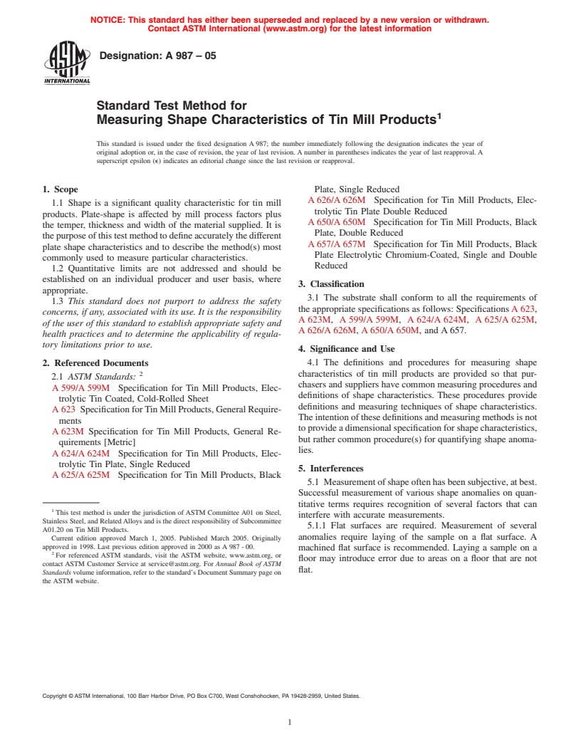 ASTM A987-05 - Standard Test Method for Measuring Shape Characteristics of Tin Mill Products