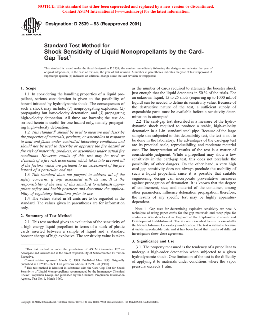 ASTM D2539-93(2001) - Standard Test Method for Shock Sensitivity of Liquid Monopropellants by the Card-Gap Test (Withdrawn 2003)