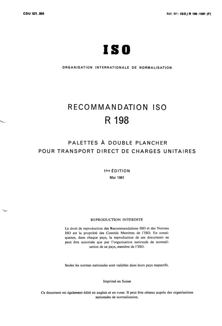 ISO/R 198:1961 - Double-deck flat pallets for through transit of goods
Released:5/1/1961