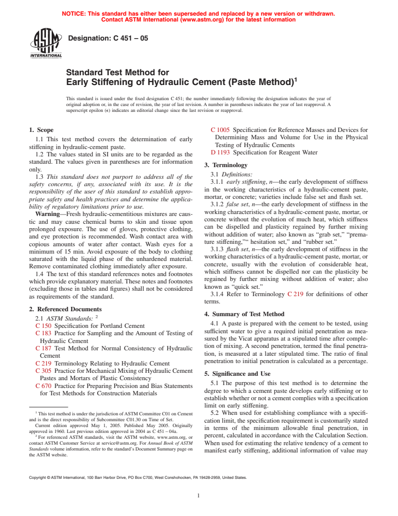 ASTM C451-05 - Standard Test Method for Early Stiffening of Hydraulic Cement (Paste Method)