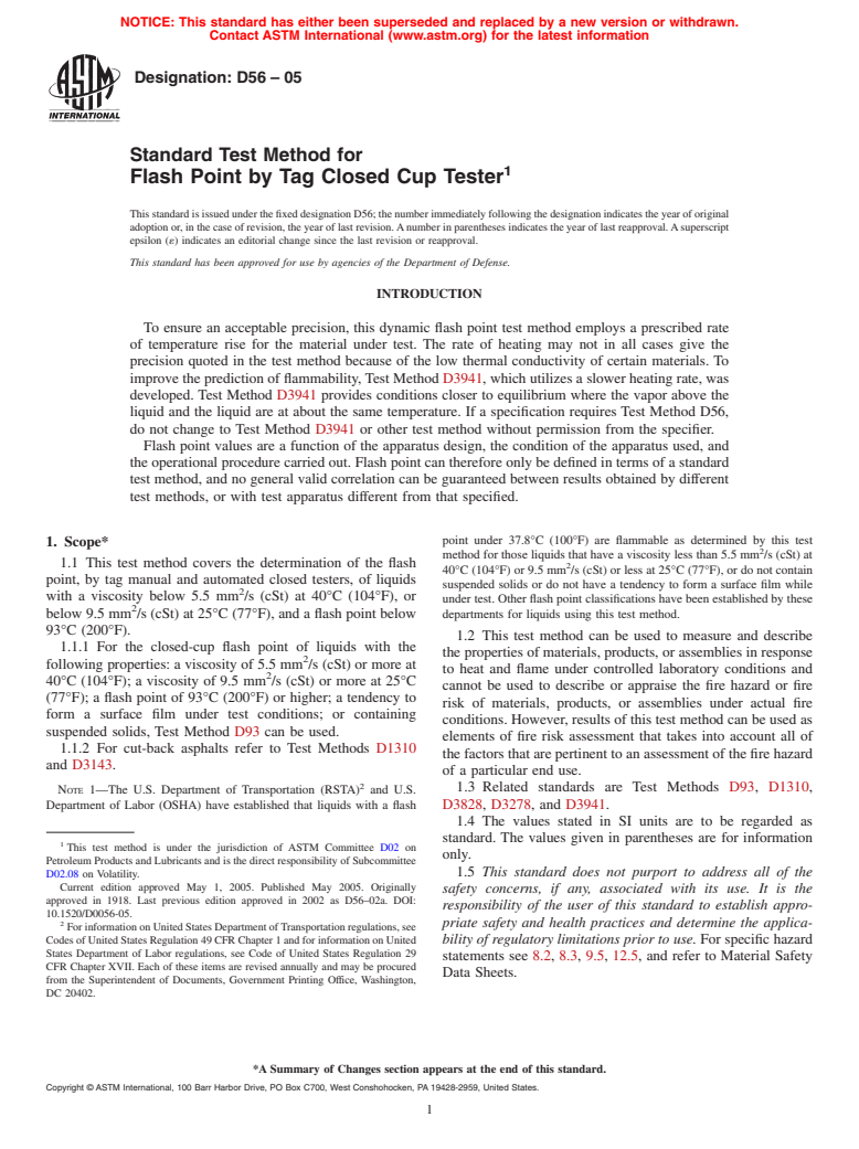 ASTM D56-05 - Standard Test Method for Flash Point by Tag Closed Cup Tester