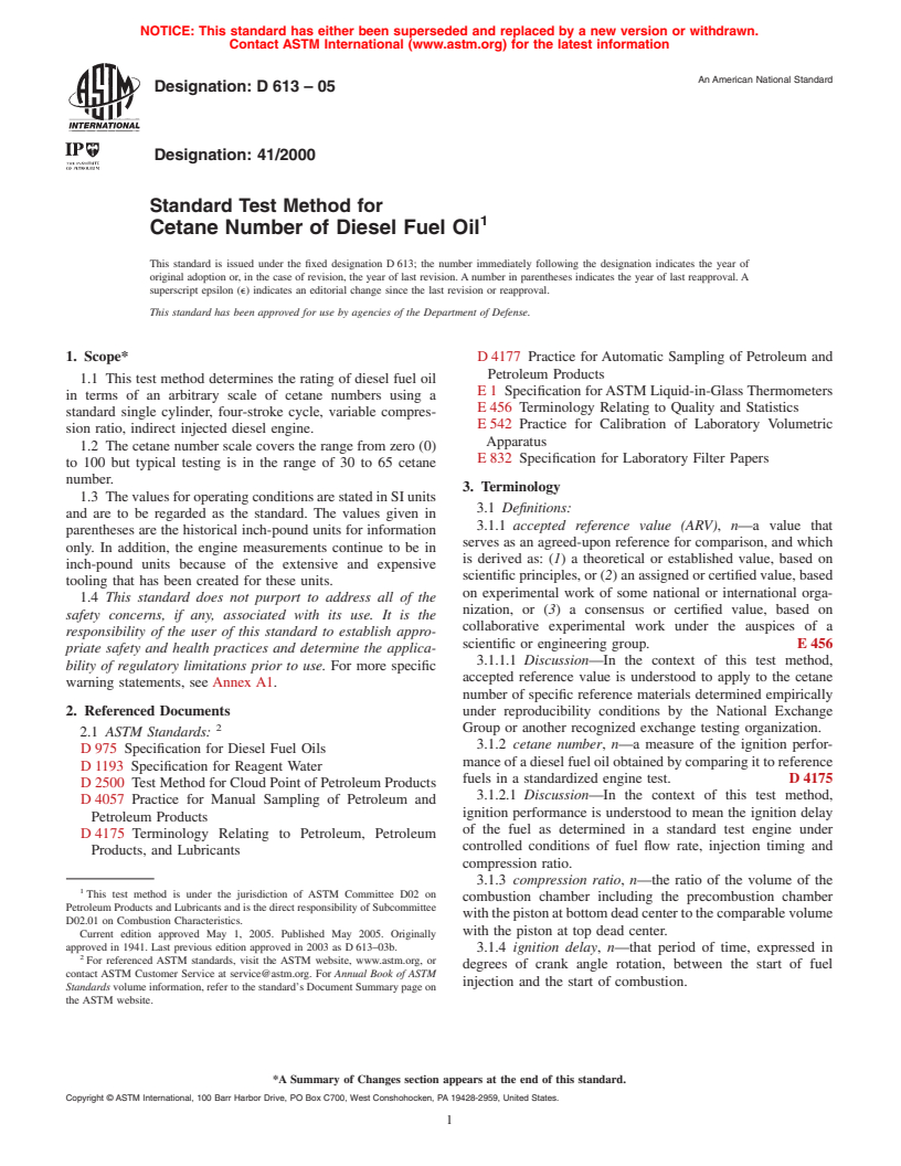 ASTM D613-05 - Standard Test Method for Cetane Number of Diesel Fuel Oil